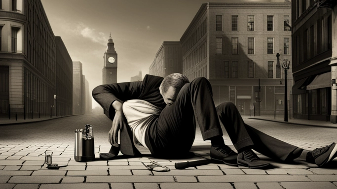 A surreal scene on a city street portraying the pain and tragedy of an alcoholic man. Digital art by Edward Kliszus published in Drinking in America on OpeningNight.Online.