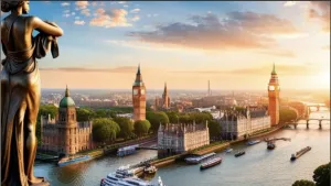 A whimsical landscape portraying London England's history and world stature.The Thames winds through the landscape. Large statues of historical figures like William Shakespeare and Admiral Horatio Nelson dot the landscape. In the distance, see the unmistakable silhouette of Big Ben, the Tower Bridge, and the Houses of Parliament. The sky above is filled with floating landmarks like the London Eye and St. Paul's Cathedral. Digital Art by Edward Kliszus
