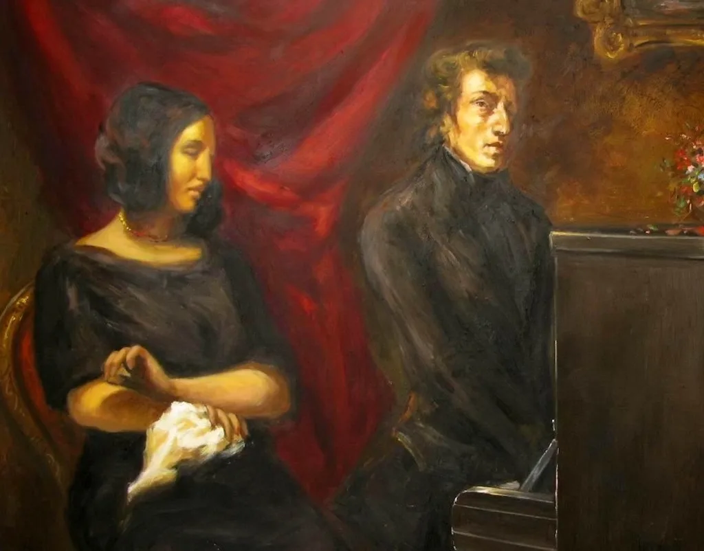 Unknown artist - based on the circa 1837 preliminary sketch of Eugene Delacroix's joint portrait of Frédéric Chopin and George Sand. Public Domain
