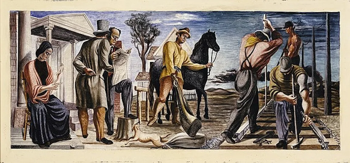 Mural by Philip Gaston. Early Mail Service and Construction of Railroads (mural study, Commerce, Georgia Post Office) 1938. Public Domain