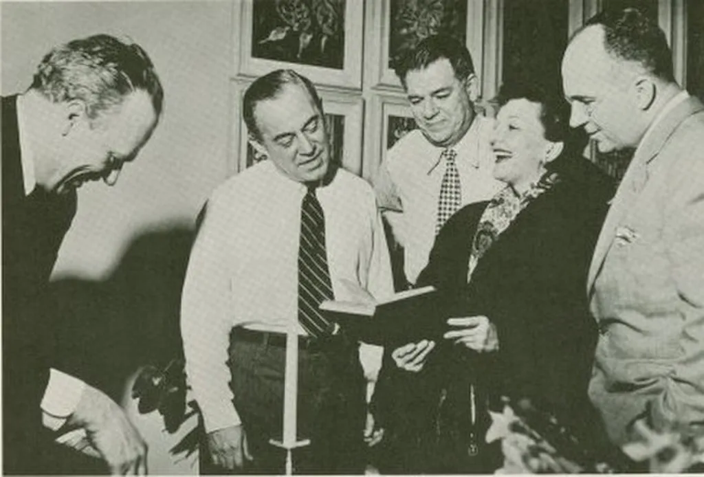 South Pacific rehearsal 1949 L-R Joshua Logan, Richard Rodgers, Oscar Hammerstein II, Mary Martin, James Michener. Public Domain