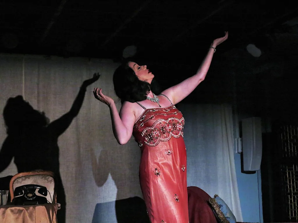 Heather Massie in her solo play, "HEDY! The Life and Inventions of Hedy Lamarr," at Morningside Players, 100 La Salle Street, Manhattan. Photo by Jonathan Slaff.