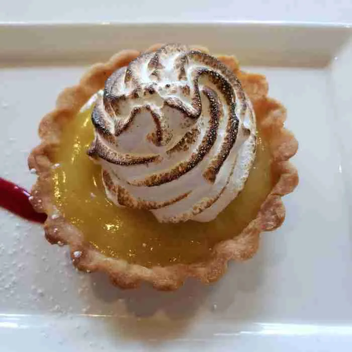 A close up of the Lemon Meringue Tart at BG on Fifth at Bergdorf Goodman in NYC. Photo by Sora Vernikoff
