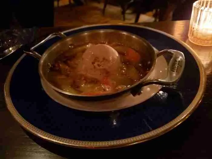 At close look at the delicious Rhubarb foster dessert at Chumley's restaurant in NYC. Photo by Sora Vernikoff.