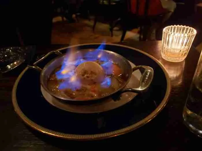 Rhubarb foster dessert at Chumley's restaurant in NYC. Photo by Sora Vernikoff.