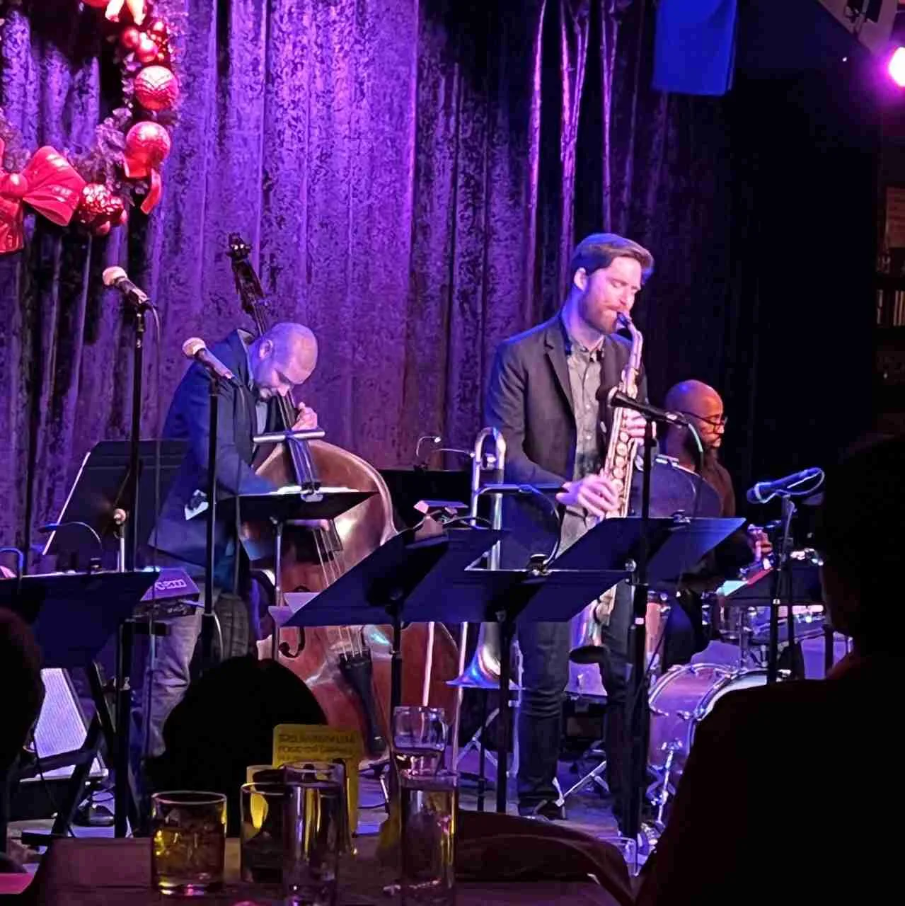 L-R Luques Curtis, Caleb Wheeler Curtis and Anwar Marshall with Orrin Evans and the Captain Black Big Band at Birdland. Photo by Edward Kliszus