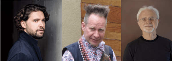 L-R Christian Reif, Conductor. (photo from ChristianReif.eu), Peter Sellars, Libretto Compilation (photo - Antandrus at English Wikipedia, CC BY-SA 3.0 at https://creativecommons.org/licenses/by-sa/3.0>, via Wikimedia Commons), John Adams, Composer. Photo by Deborah O'Grady