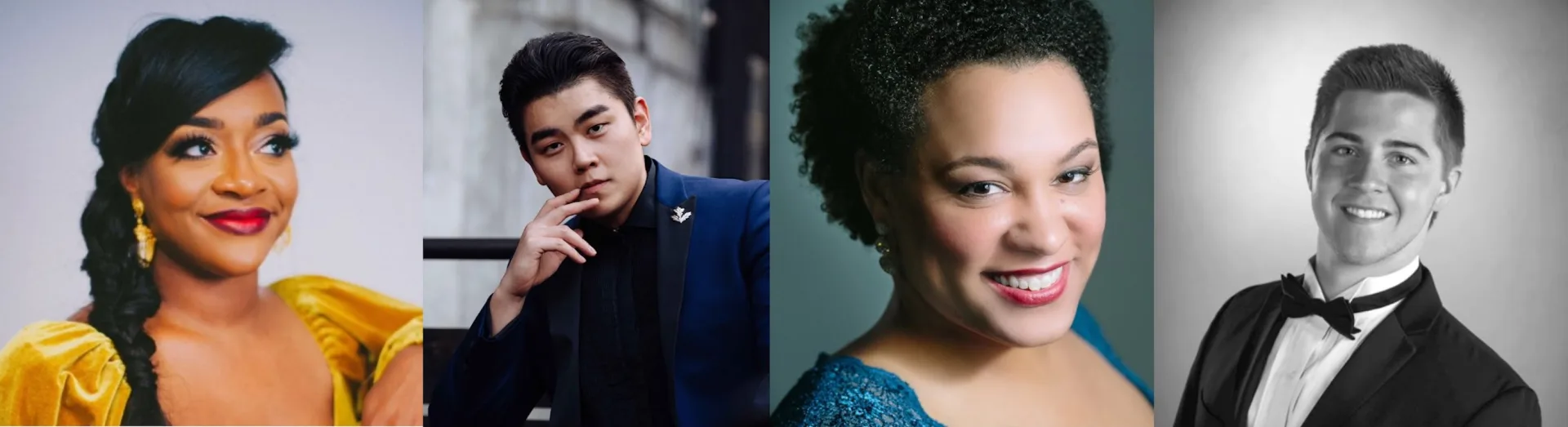 L-R Brandie Sutton, Soprano (photo from brandiesuttonsoprano.com). William Guanbo Su, Bass (photo from sempreartists.com). Deborah Nansteel, Mezzo-soprano, Photo by Arielle Doneson. Jack Swanson, tenor (photo from JackSwansonTenor.com)