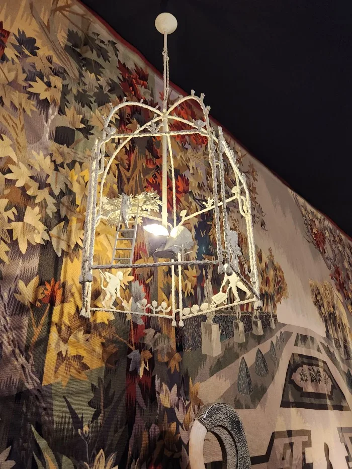 A close up view of a birdcage chandeliers by Louis Cane. Photo by Sora Vernikoff