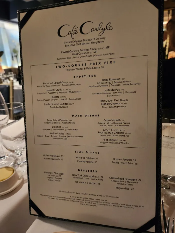 Prix Fixe menu at Café Carlyle. Photo by Sora Vernikoff