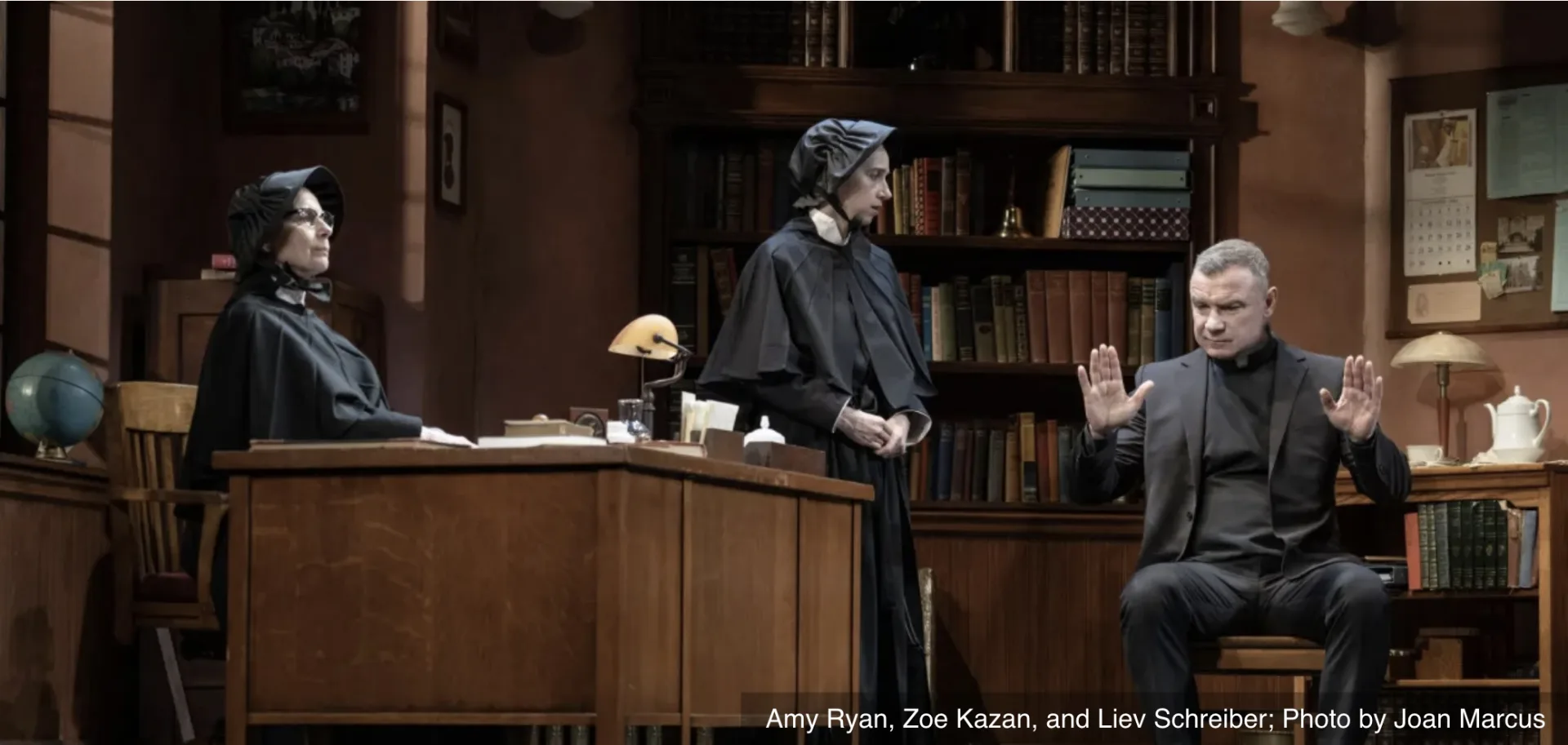 Amy Ryan, Zoe Kazan, and Liev Schreiber in a scene from Doubt: A Parable. Photo by Joan Marcus