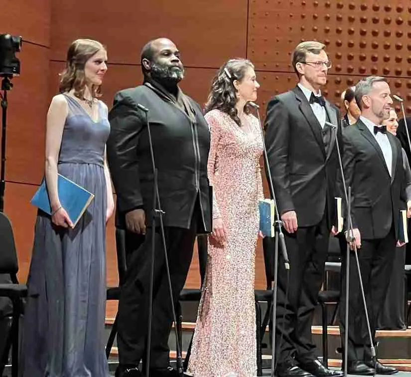 L-R: Soprano Kristen Hahn, Counter Tenor Reginald Mobley, Soprano Nola Richardson, Tenor Steven Soph, and Baritone Steven Eddy on stage with the American Classical Orchestra and Chorus. Photo by Edward Kliszus