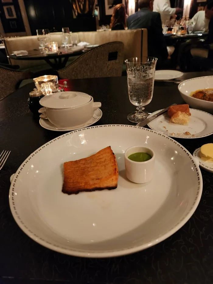 Faroe Island Salmon without the Parmesan Crust but with Artichoke Barigoule, Swiss Chard, and English Pea Puree at Dowling’s at the Carlyle. Photo by Sora Vernikoff