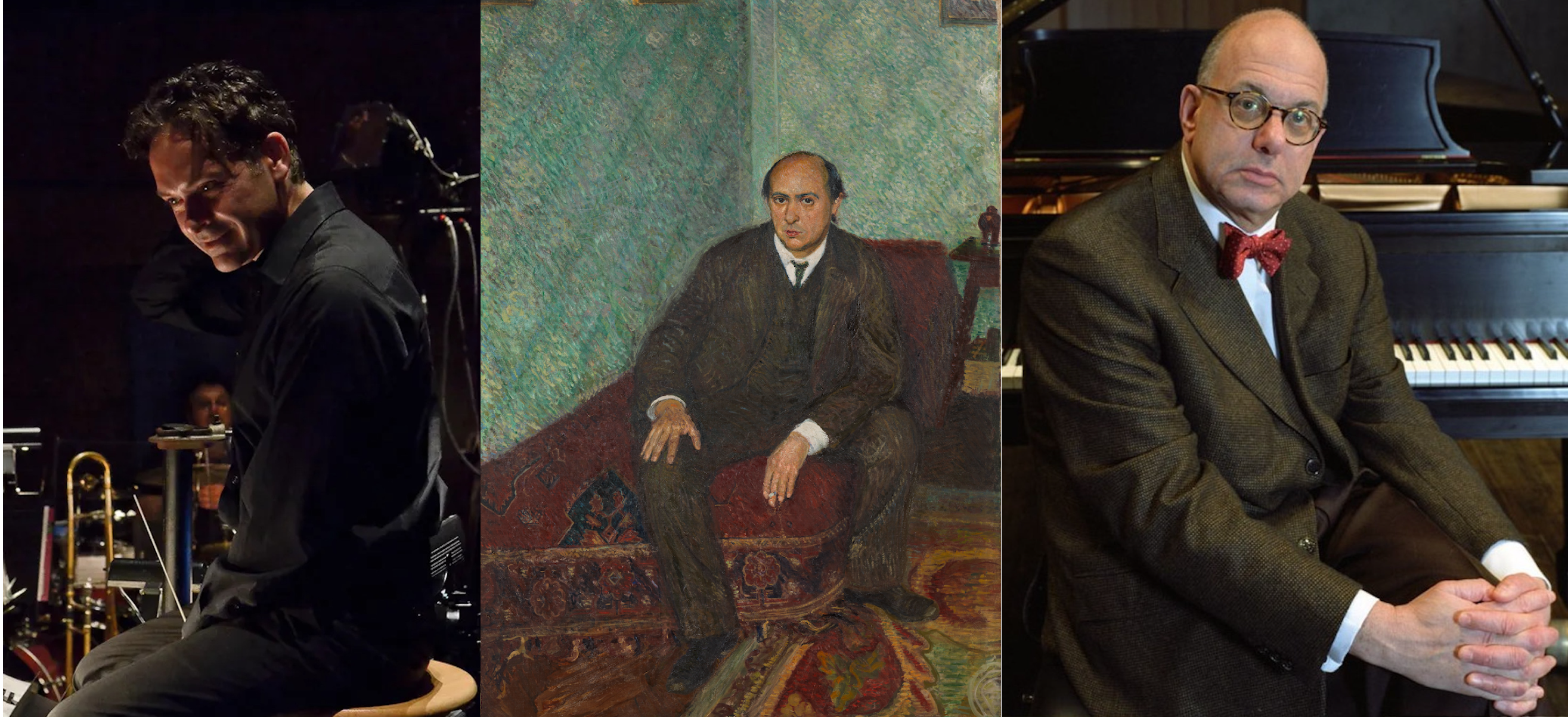 L-R: James Bagwell. Photo by Roy Lewis; Arnold Schoenberg Seated by Richard Gerstl (1906). Public domain; Leon Botstein. Photo by Steve Pyke