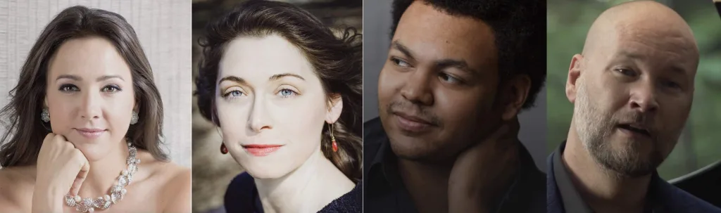 L-R: Susanna Phillips, Soprano. Courtesy susannaphillips.com, Heather Petrie, Contralto. Courtesy heatherpetriecontralto.com, Joshua Blue, Tenor. Courtesy joshuabluetenor.com, Tyler Duncan, Baritone. Courtesy tylerduncan.ca/watch