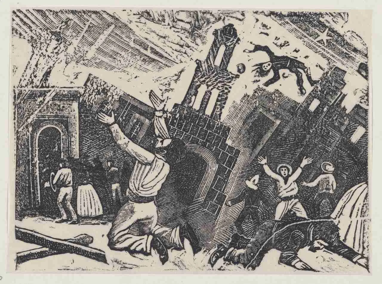 Chaos during an earthquake by José Guadalupe Posada, CC0, MET DP869383, via Wikimedia Commons 