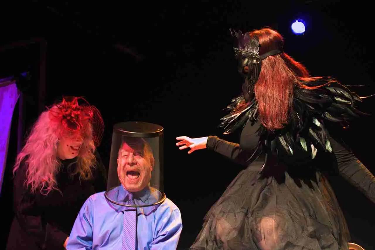 Theresa Della Valle as the Witch, Dave Silberger as Jared, and Chelsea Clark as the Judith double in a scene from Witchland. Photo credit Jordan Schreiber