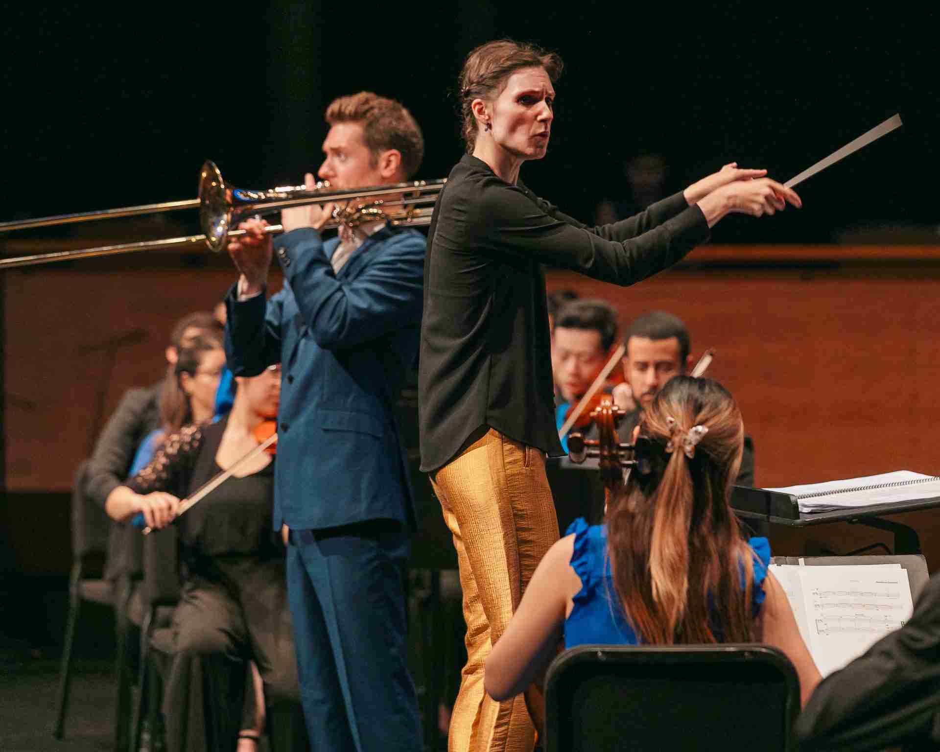Trombonist Peter Moore performs with conductor Chloé Van Soeterstède and The Orchestra Now at Jazz at Lincoln Center's Rose Theater. Photo by Patrick Arias