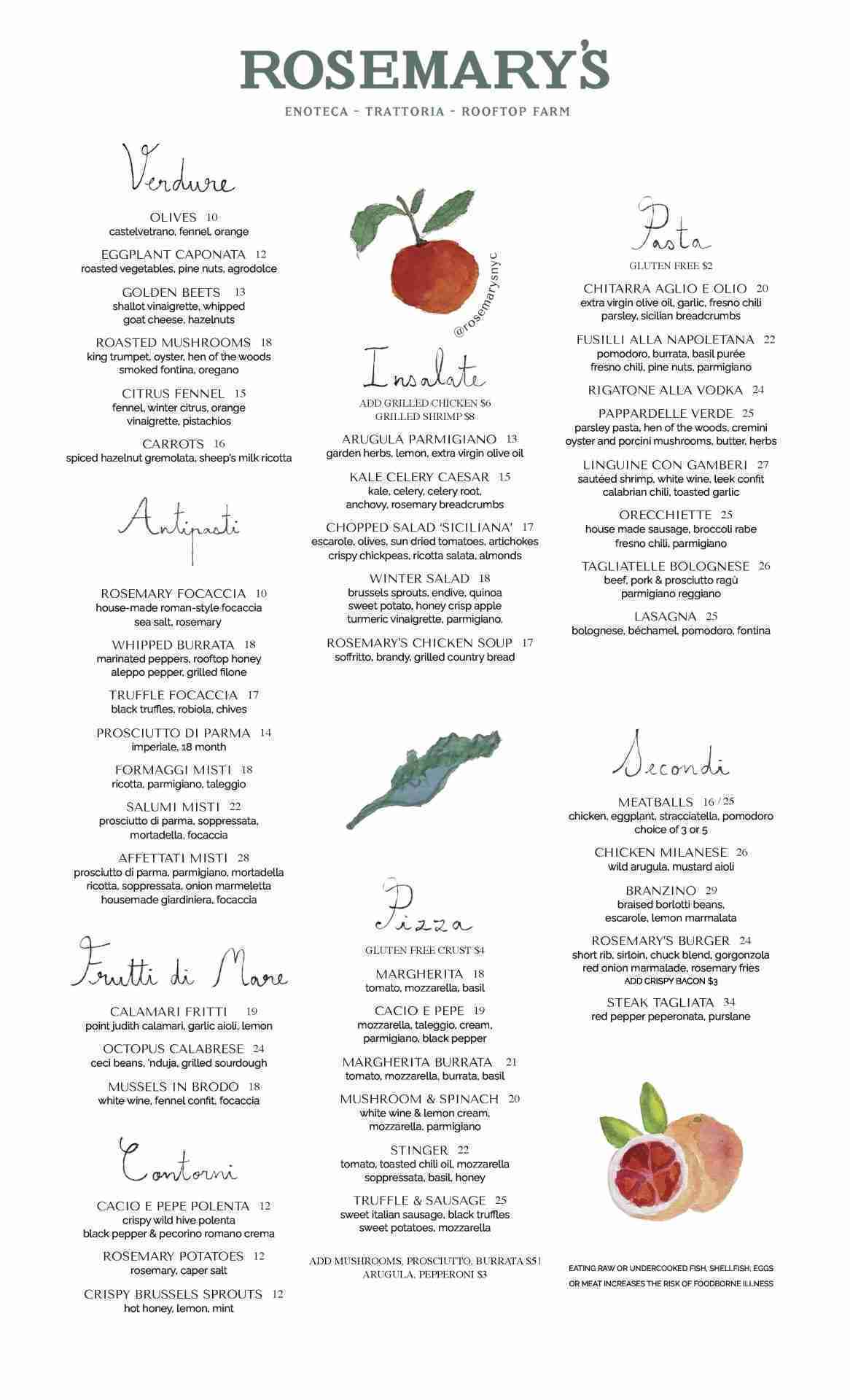 Rosemary's dinner menu.