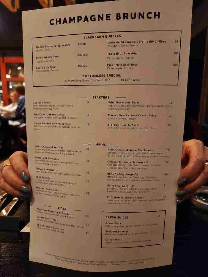 Champagne brunch menu at Blackbarn Restaurant. Photo by Sora Vernikoff