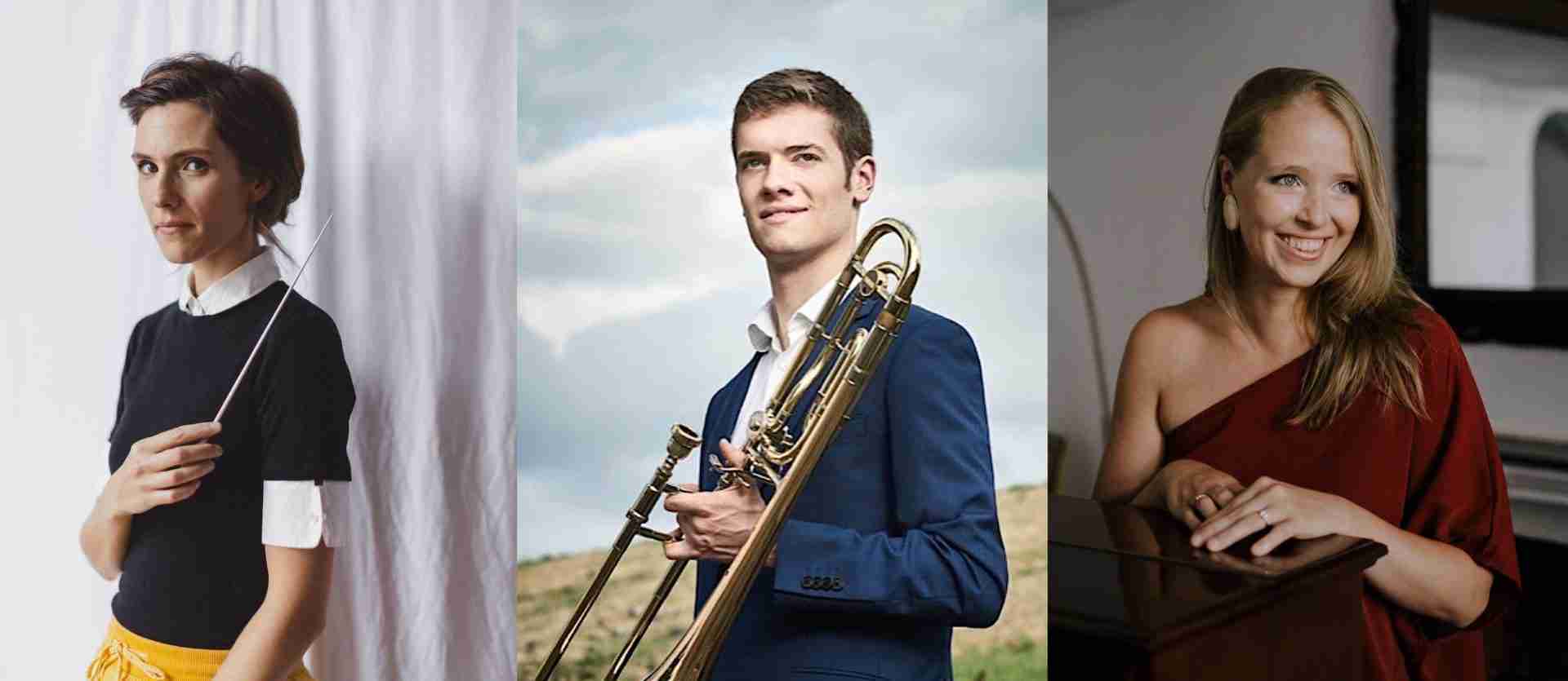L-R Chloé Van Soeterstède, Conductor. Photo by Olivia da Costa. Peter Moore, Trombone, Courtesy peter.moore_, instagram.com. Dani Howard, Composer. Photo by Emma Fenton