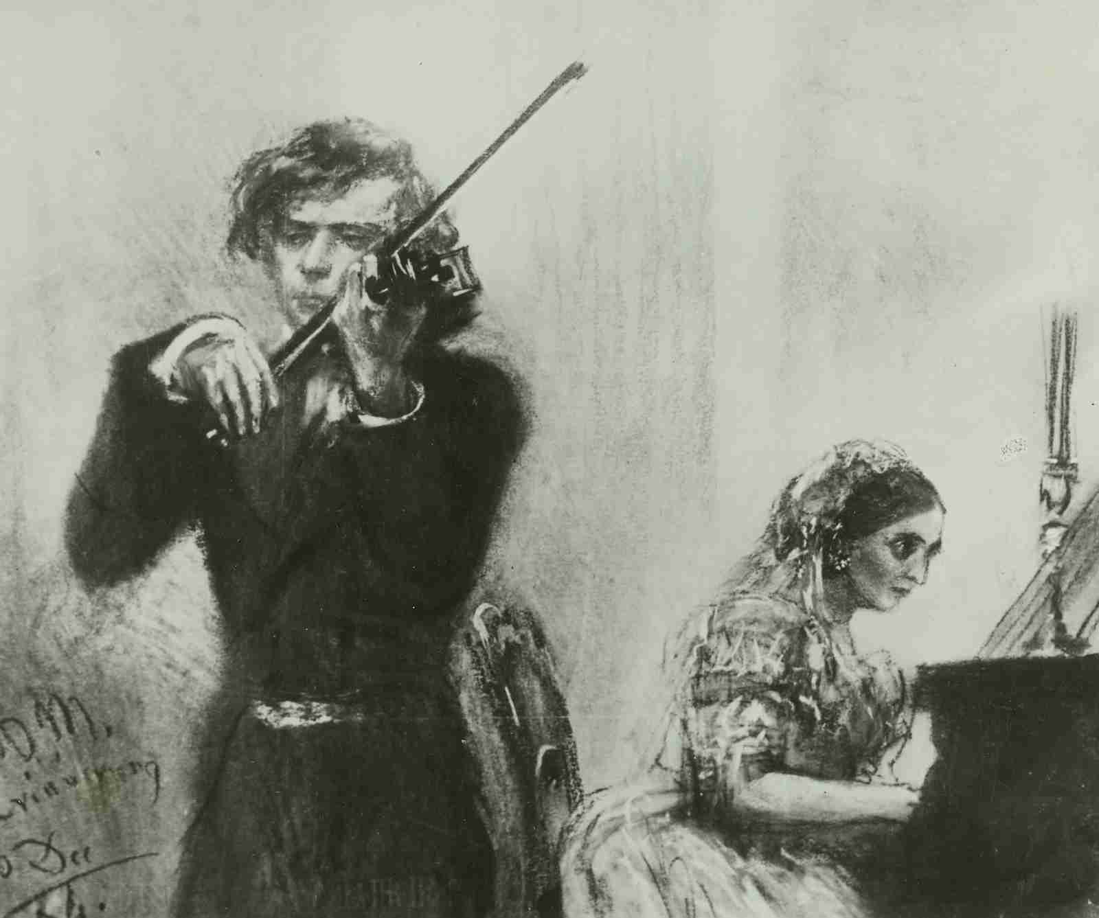 Violinist Joseph Joachim and pianist Clara Schumann. Reproduction of pastel drawing by Adolph von Menzel (now lost). Public Domain. The Muse Behind the Melody: Johannes Brahms and His Violin Concerto in D Major. Celebrating the D major violin concerto