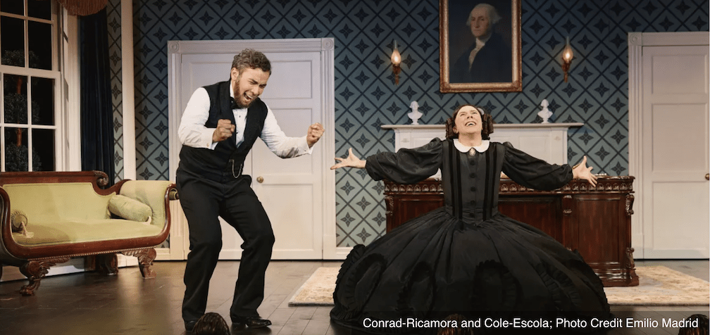 Conrad-Ricamora and Cole Escola in a scene from Oh Mary! at the Lyceum Theatre. Photo by Emilio Madrid