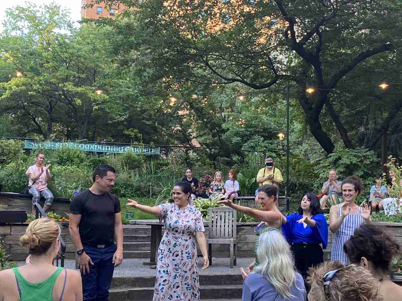 L-R: Closing bows with Pianist Matthew Lobaugh, Soprano Teresa Castillo, Soprano Sara Beth Pearson, Lyric Soprano Shaina Martinez and Mezzo Soprano Devony Smith in Opera in the Garden by the ON SITE OPERA. Photo by Edward Kliszus