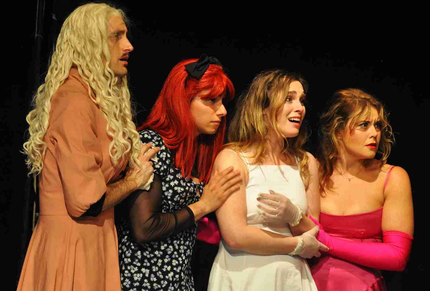 Matt McGlade (Ursula), Brandon Thomas Lima (Margaret), Jordan Elizabeth Gelber (Hero) & Kaitlyn Mitchell (Beatrice) in a scene from Much Ado About Nothing at the Gene Frankel Theater. Photo by Rob Klein