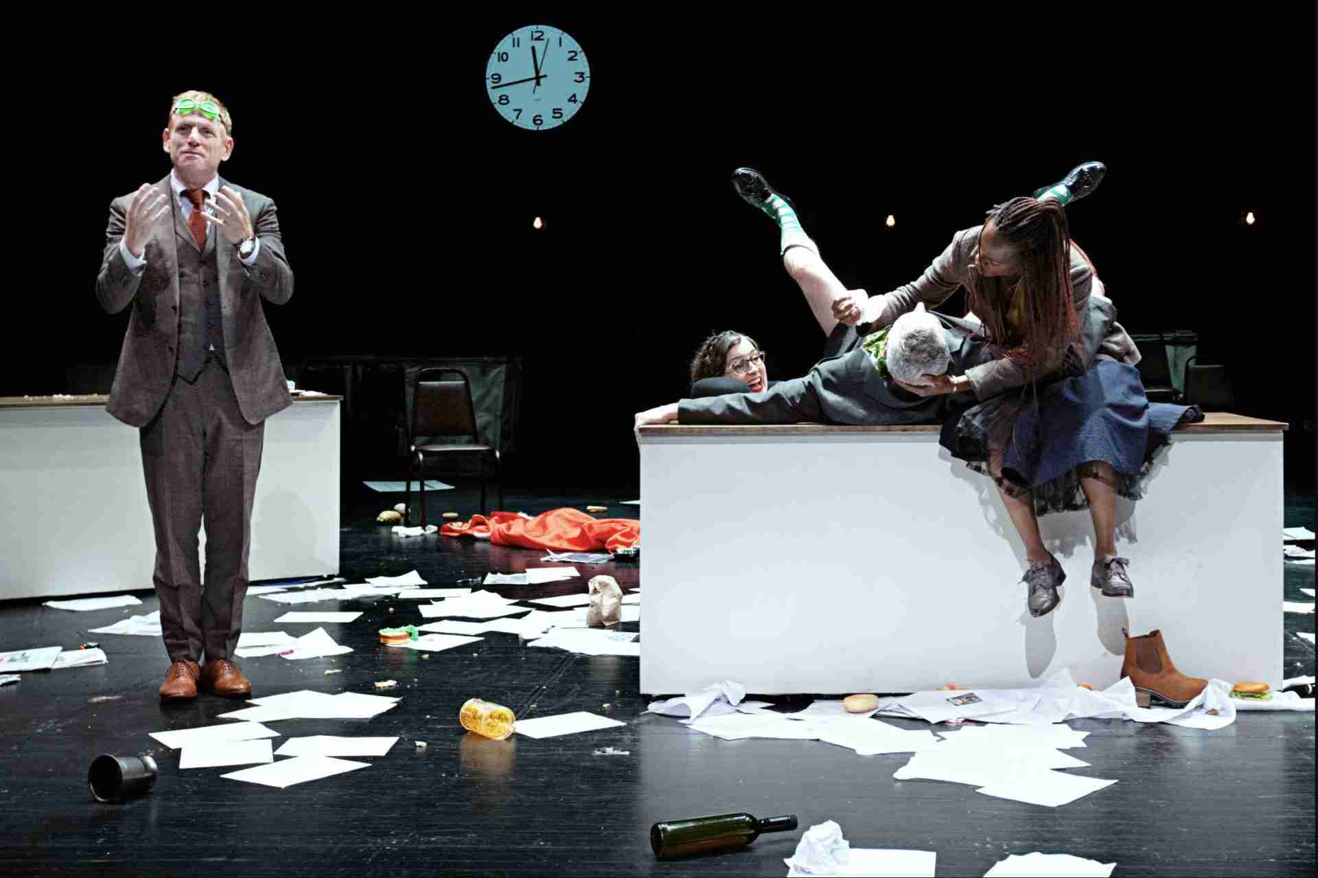 L-R: Scott Shepherd,Maggie Hoffman, Vin Knight, Stephanie Weeks In a Scene from Elevator Repair Service Ulysses. Photo by Owen Hope