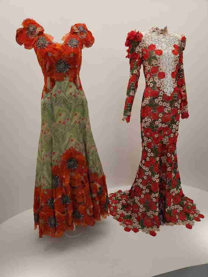 Two dresses on display at the Sleep Beauties: Reawakening Fashion exhibit at the Metropolitan Museum of Art in New York City. Photo by Sora Vernikoff
