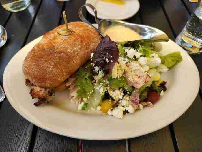 Grilled Chicken with burrata, tomato jam, basil aioli and toasted ciabatta at The Smith Restaurant in New York's East Village. Photo by Sora Vernikoff