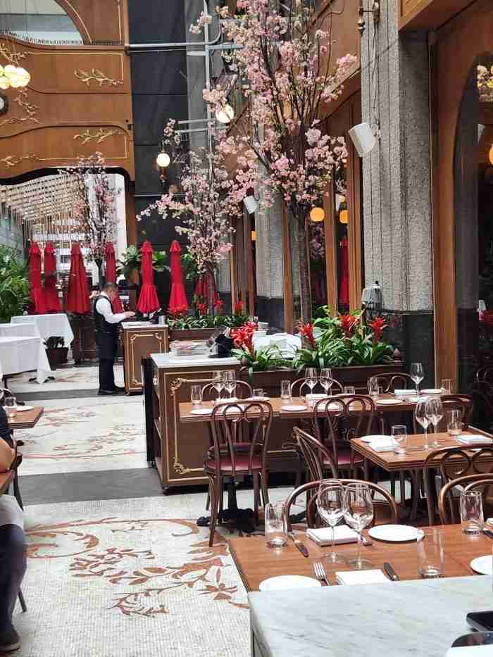 Dining area at La Grande Boucherie on 145 W 53rd St, New York, NY 10019. Photo by Sora Vernikoff