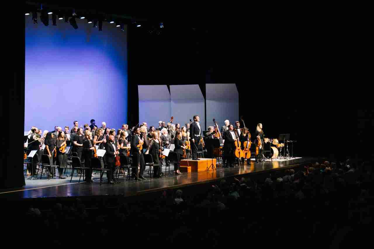 David Bernard and the Park Avenue Chamber Symphony standing for bows to thunderous applause. Courtesy of the Massapequa Philharmonic