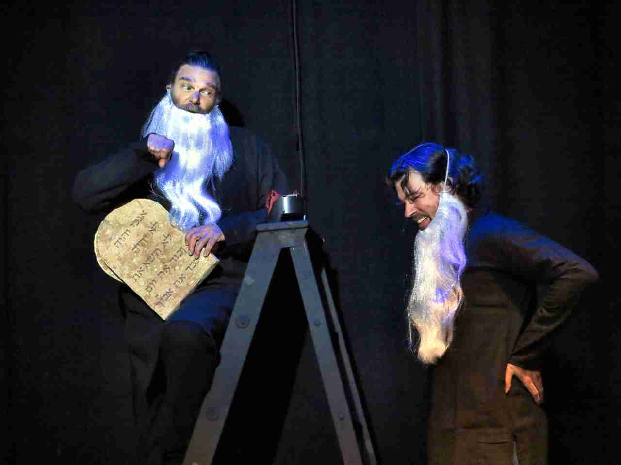 Derrick Peterson (Goldberg) as Moses, Dana Watkins (Mr. Jay) as Aaron in a scene from The Goldberg Variations at the Theater for the New City. Photo by Jonathan Slaff
