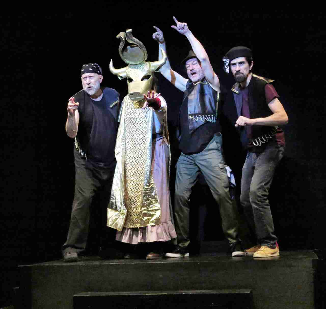 L-R: Matt Walker, Alyssa Simon (as The Golden Calf), Jeff Burchfield, and Jee Duman. in a scene from The Goldberg Variations at the Theater for the New City. Photo by Jonathan Slaff