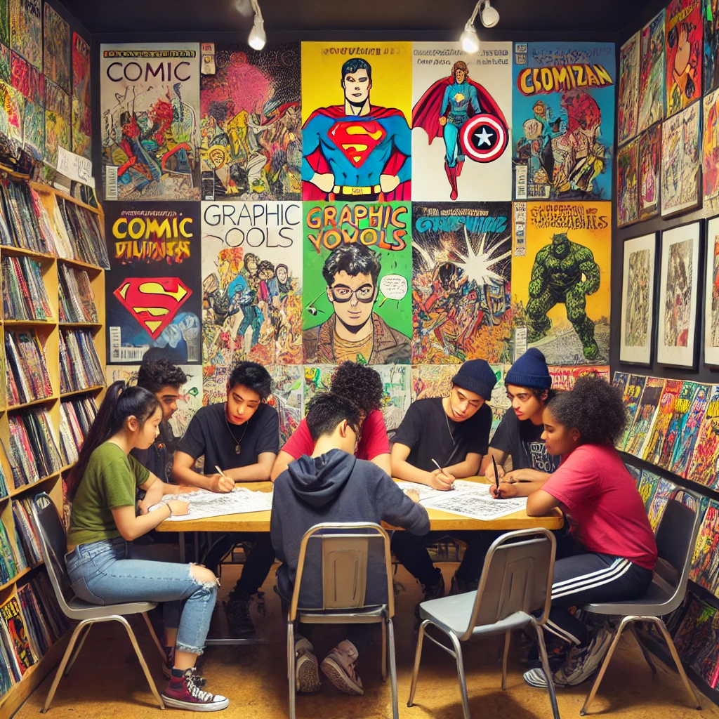 A vibrant community space inside a comic book store where a group of youth are seated at a table, drawing and working on graphic novels together.