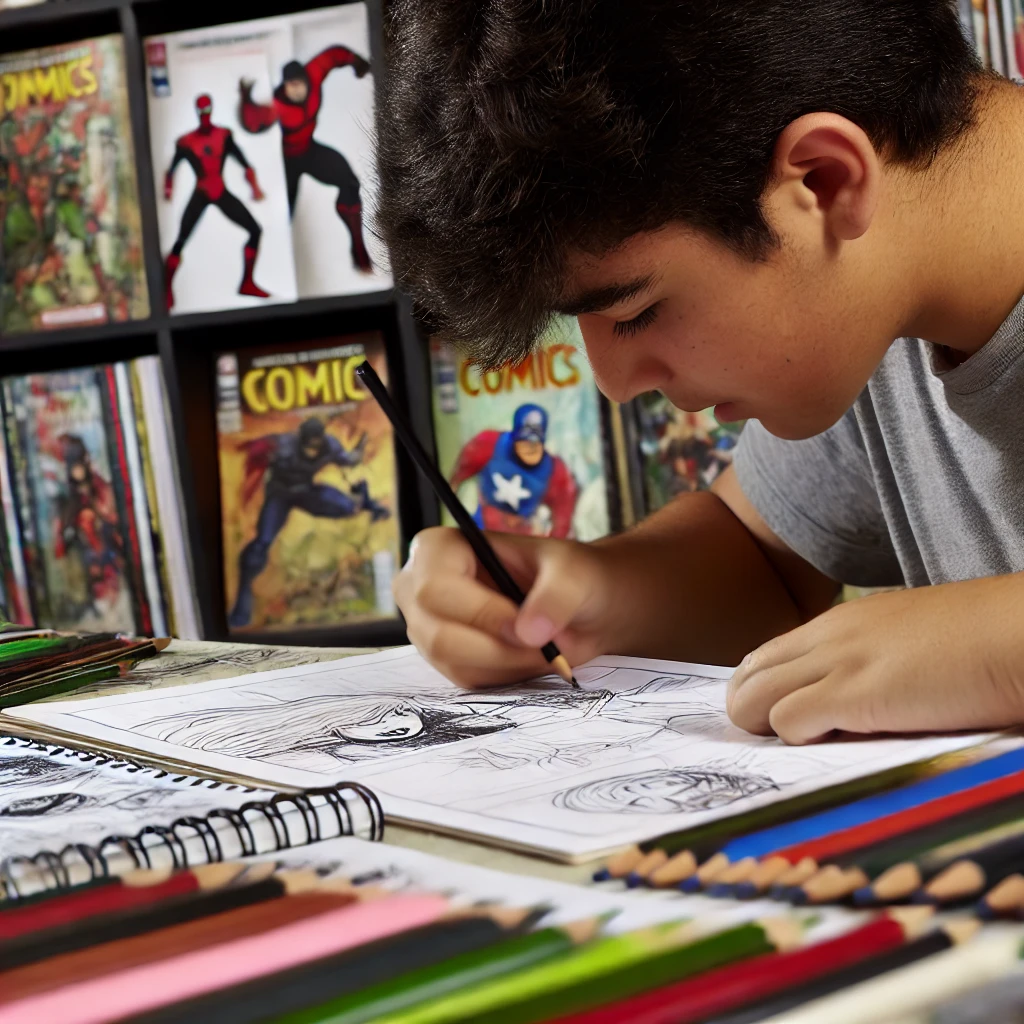 A young artist drawing a graphic novel page. 