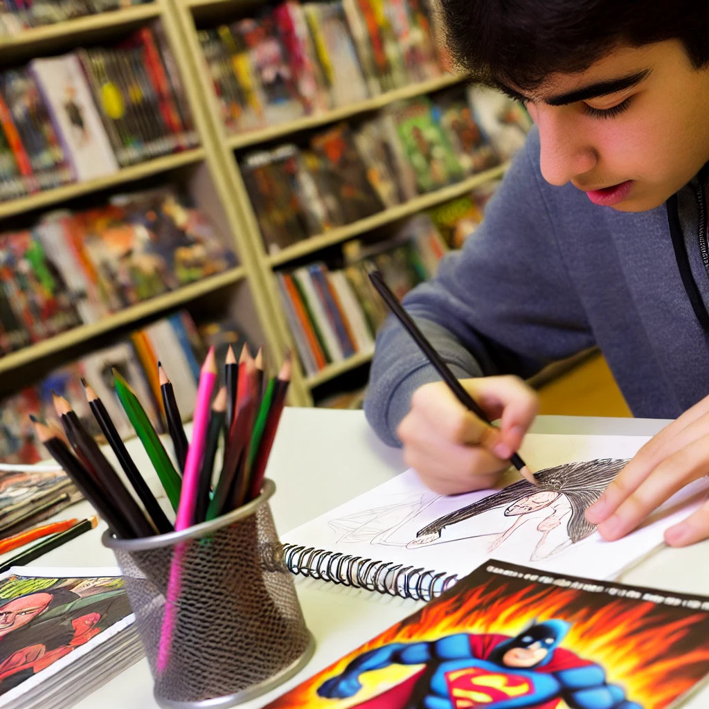 A young artist with pencils, sketch pads, and colorful comic books.