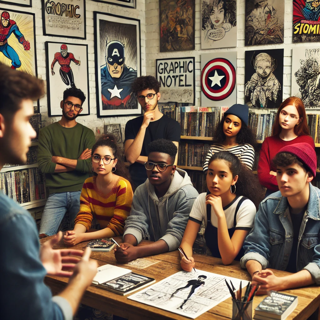 A group of teenagers participating in a graphic novel workshop in a local comic book store. 