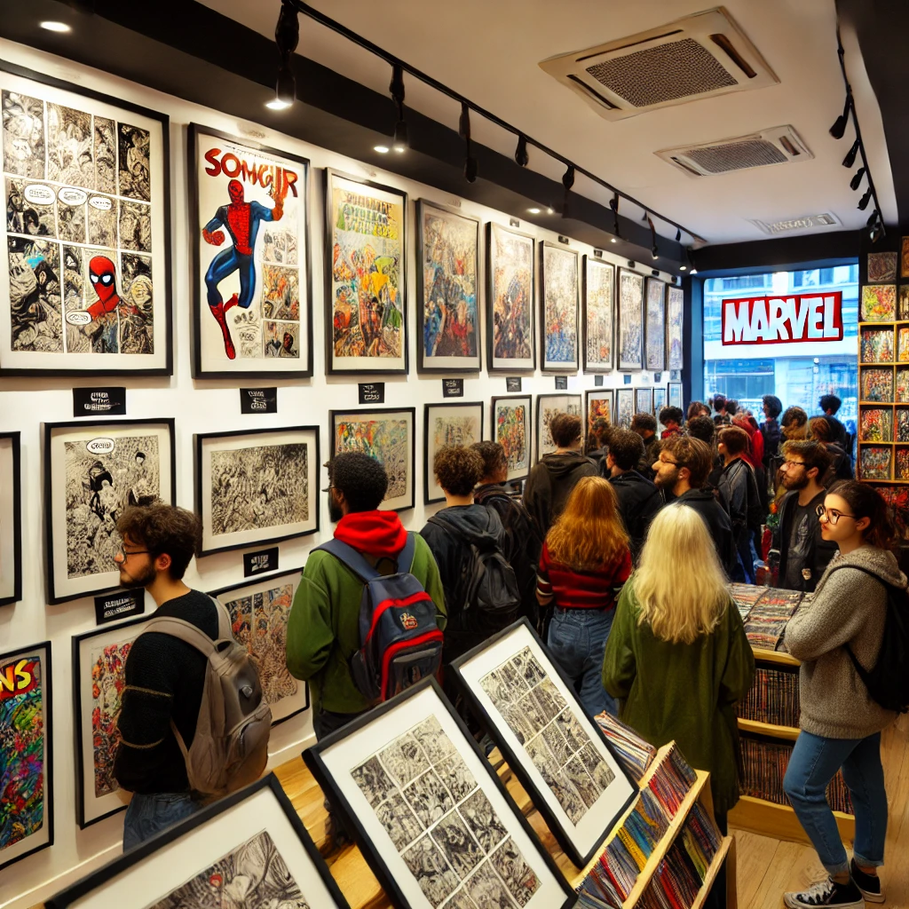 An art exhibition inside a comic book store where completed graphic novel pages by young artists are displayed. 