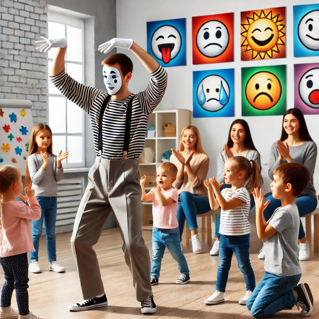 A professional mime leading a workshop for autistic children in a bright, welcoming space.