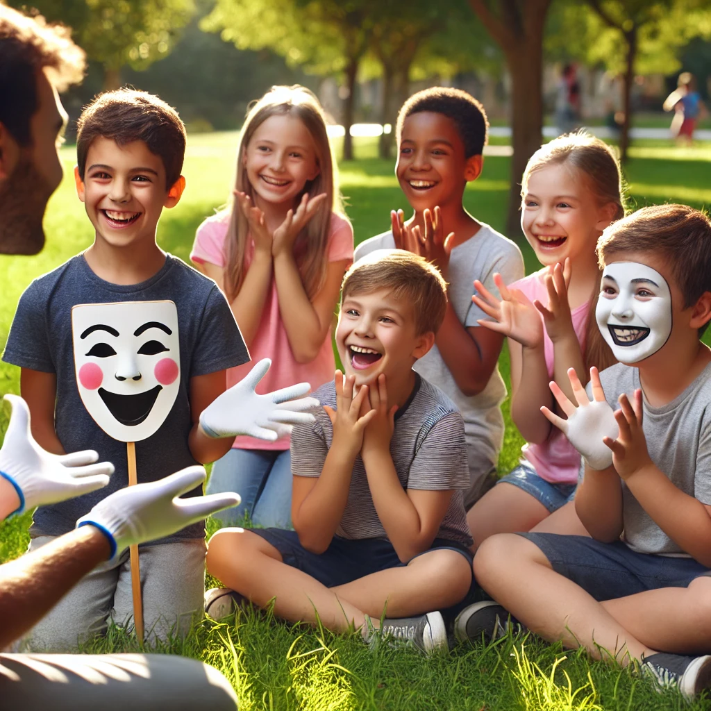 A group of autistic children smiling while engaging in a mime exercise outdoors, using nonverbal gestures to express emotions.