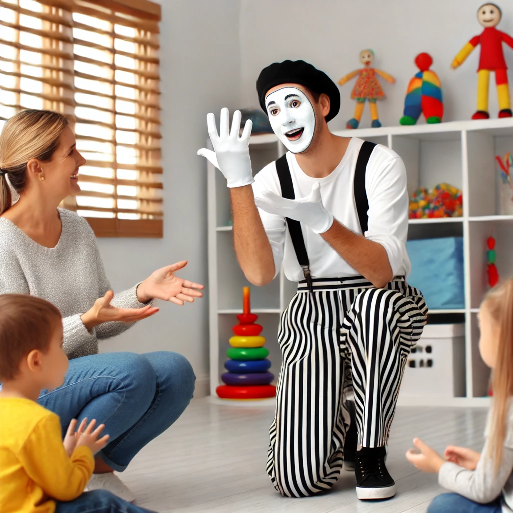 A professional mime in full costume giving an interactive demonstration to parents and their autistic children inside a therapy room.