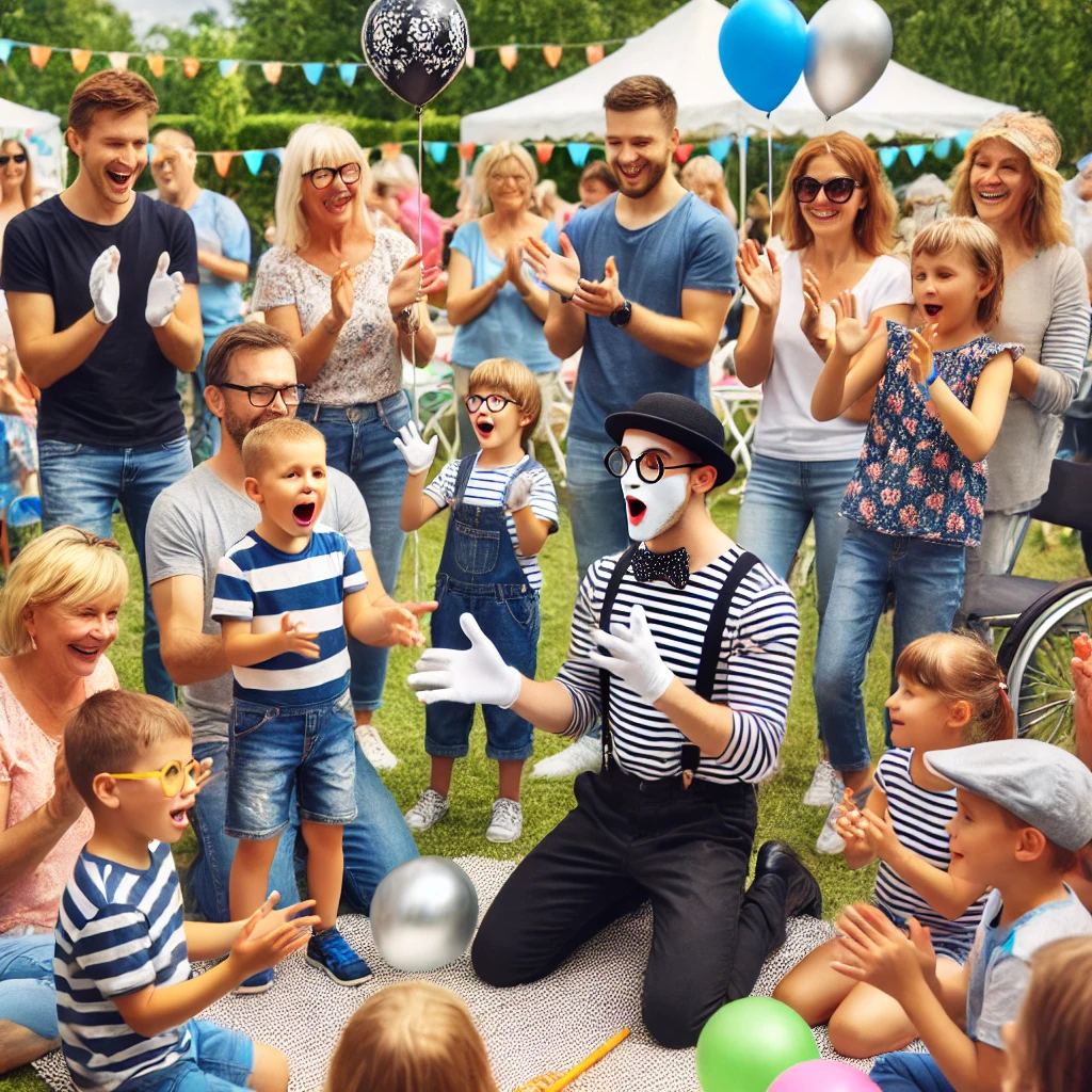A group of parents and autistic children gathered around a professional mime at an outdoor event, with balloons and decorations.