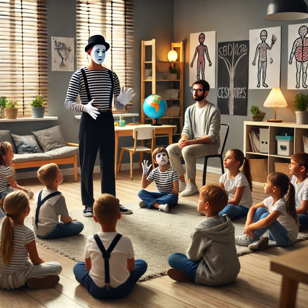 A classroom setting where autistic children are learning nonverbal communication techniques from a professional mime.