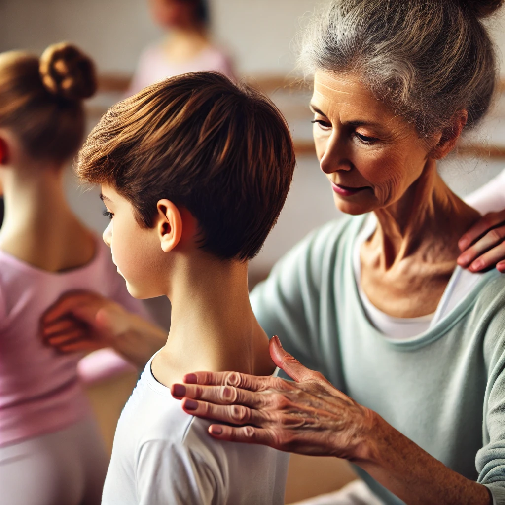 A close-up of children with scoliosis doing ballet stretches while a retired ballerina gently adjusts their posture. 