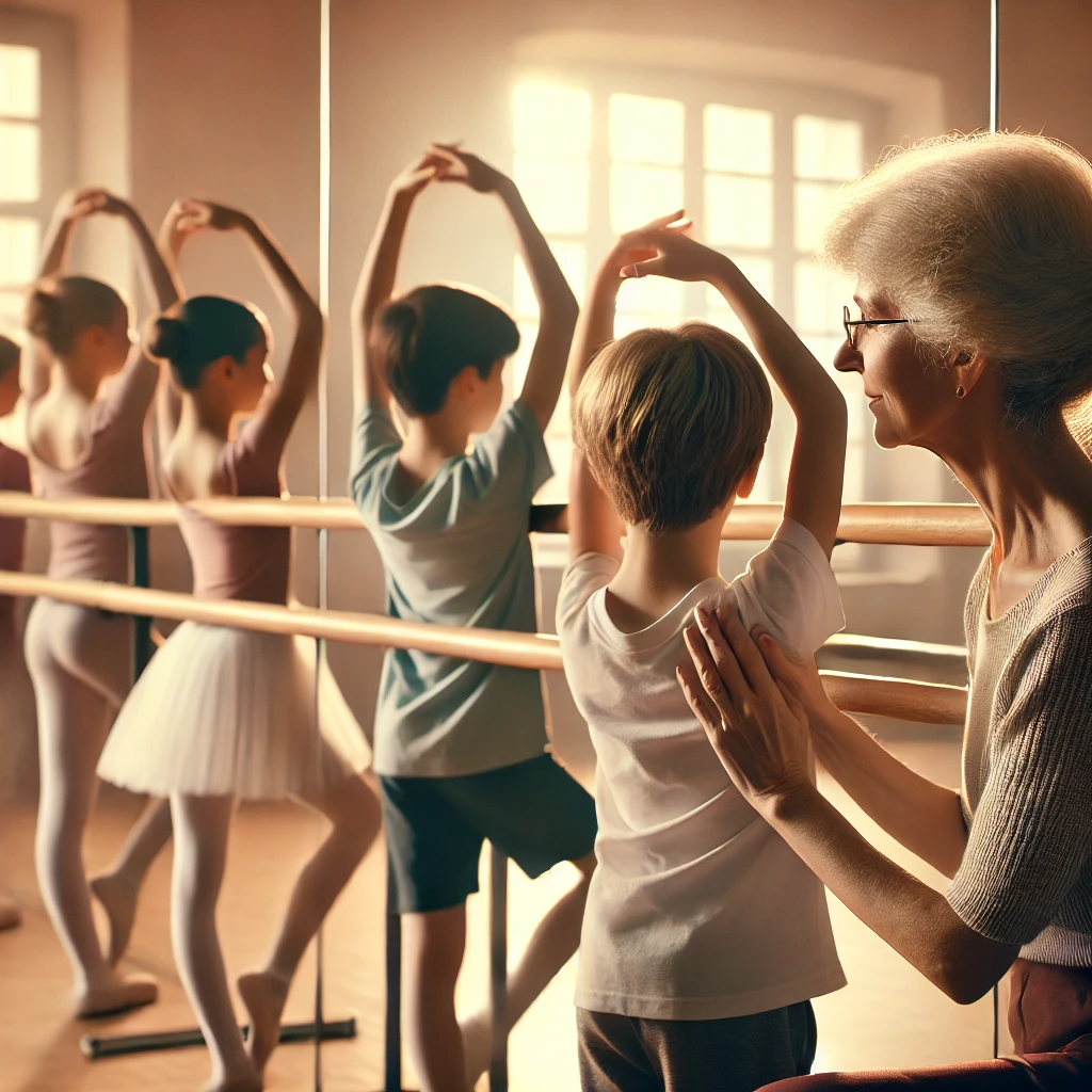 A peaceful scene of children with scoliosis stretching by the ballet bars in a warm dance studio. 