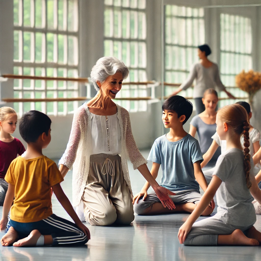 A group of children with scoliosis in a posture and movement class led by a retired ballerina. 