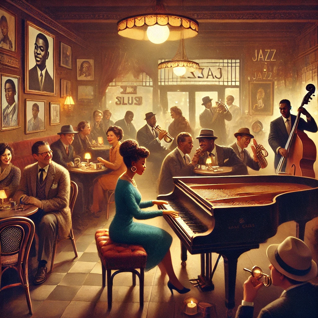 A warm and inviting jazz club scene from the mid-20th century with a crowd enjoying a soulful performance of jazz music. I
